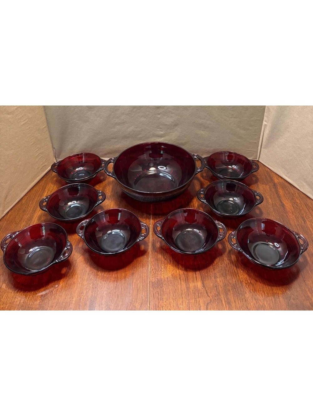 Vintage Anchor Hocking Coronation Ruby Glass Berry Bowl Set Depression Glass